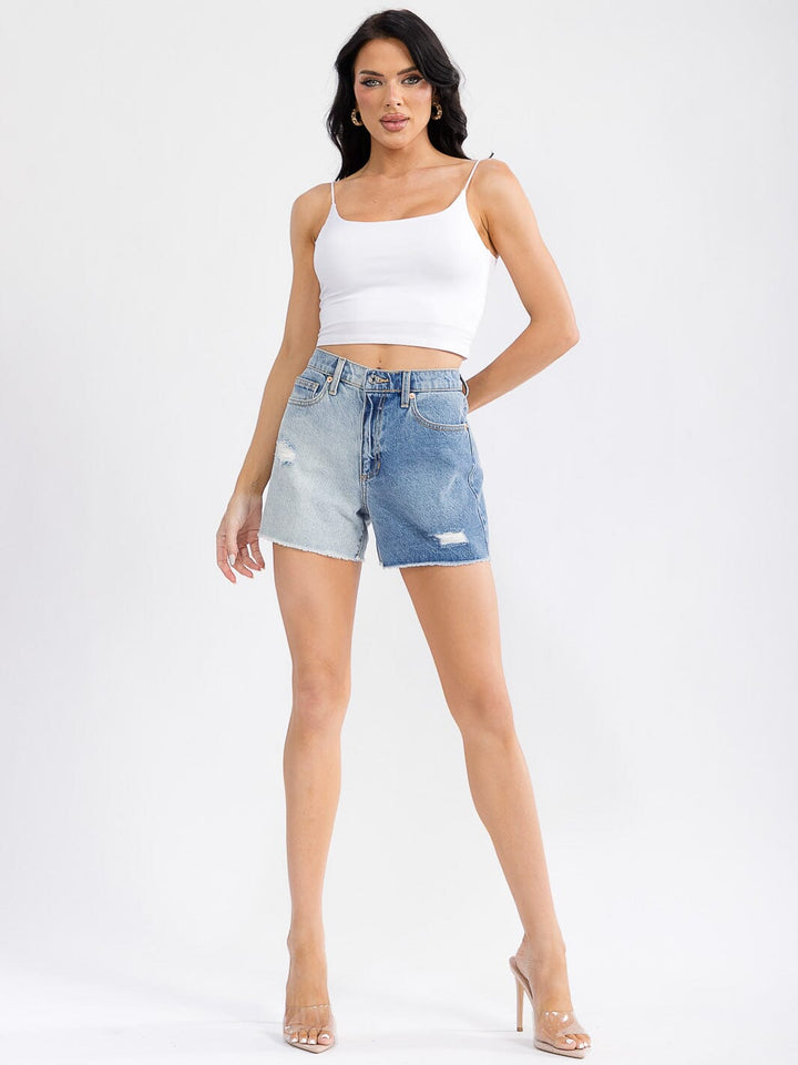 WOMEN'S BUTTON CLOSURE POCKETS RAW EDGE TWO TONE DENIM MINI SHORTS
