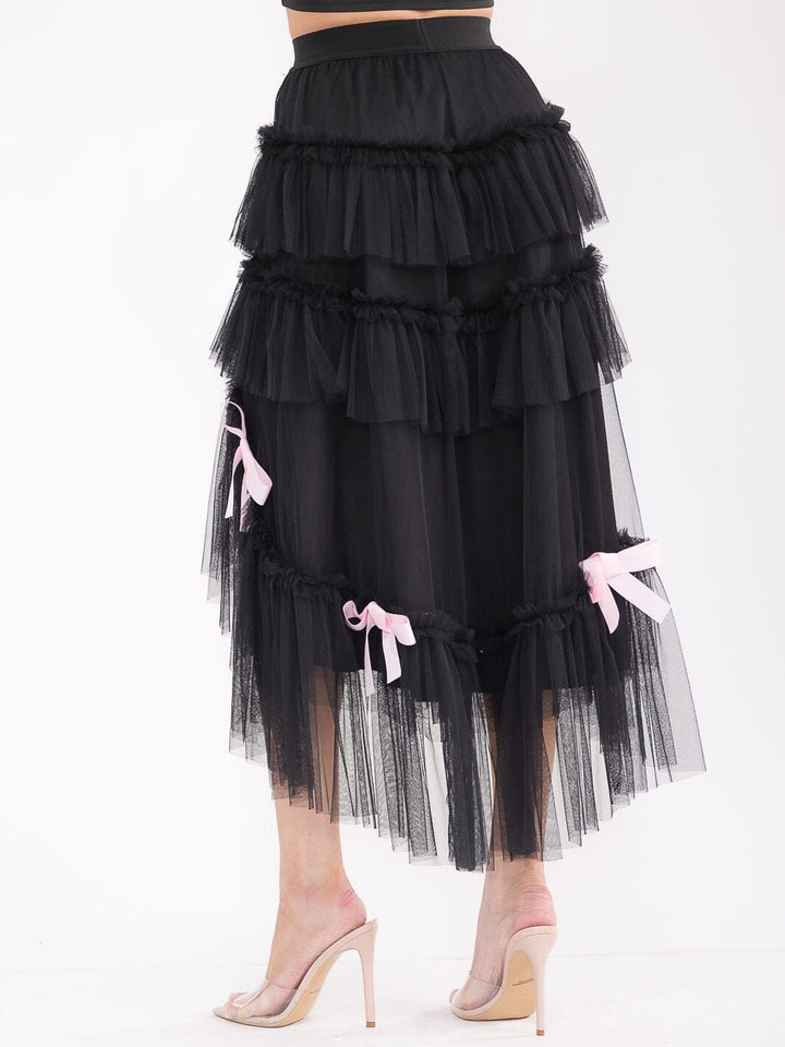 WOMEN'S ELASTIC WAIST TIERED RUFFLE HIGH-LOW BOWS MAXI SKIRT