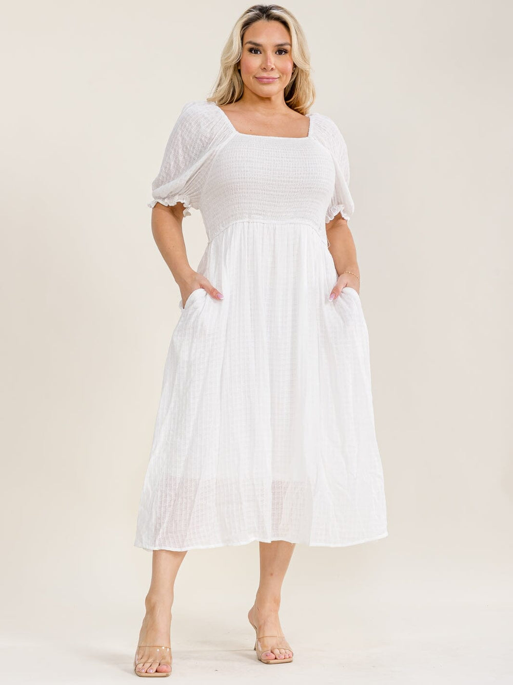 PLUS SIZE SHORT SLEEVE SQUARE POCKETS SMOCK MAXI DRESS