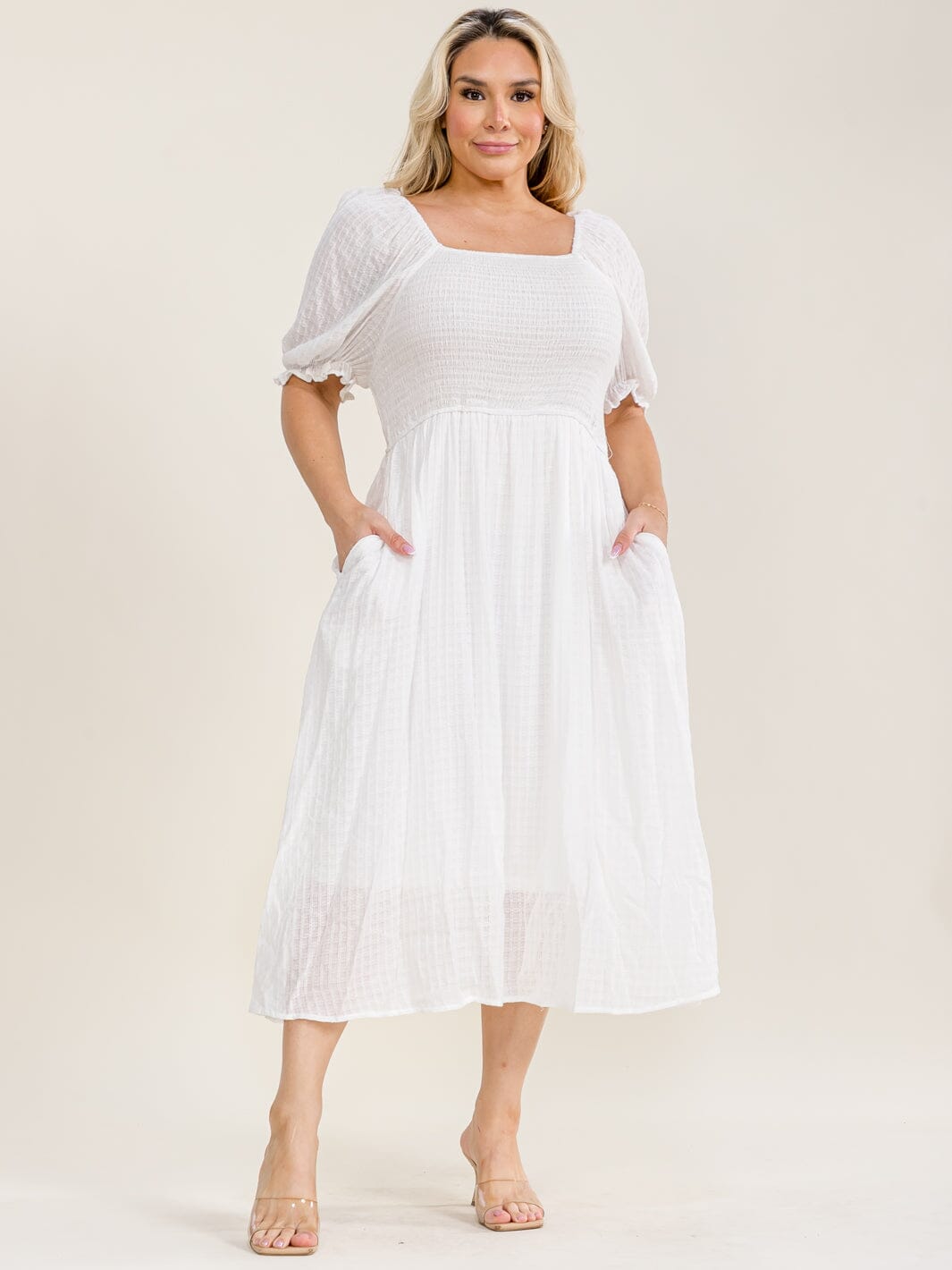 PLUS SIZE SHORT SLEEVE SQUARE POCKETS SMOCK MAXI DRESS