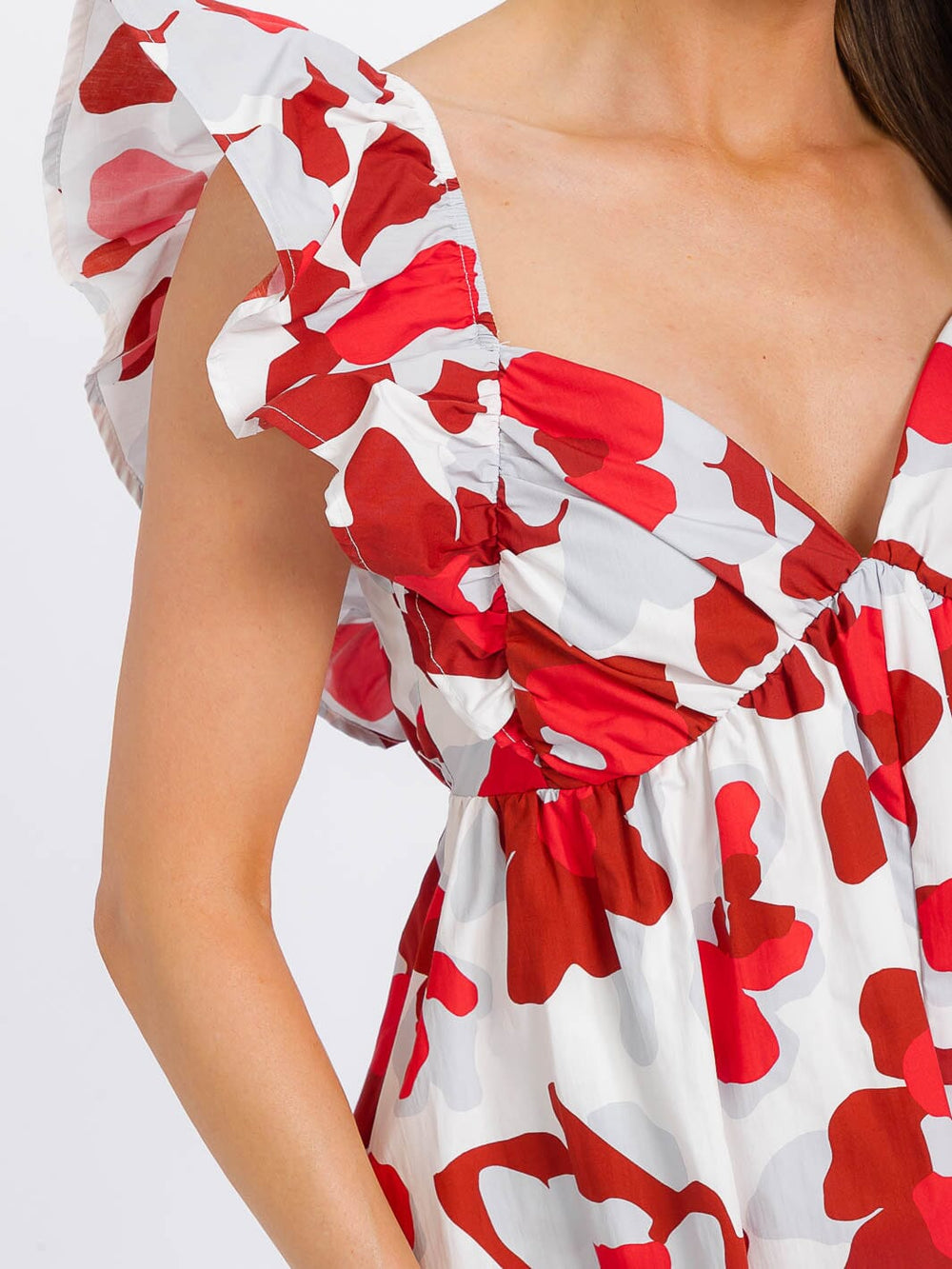 WOMEN'S RUFFLE SLEEVE ELASTIC WAIST OPEN BACK MULTI PRINT ROMPER