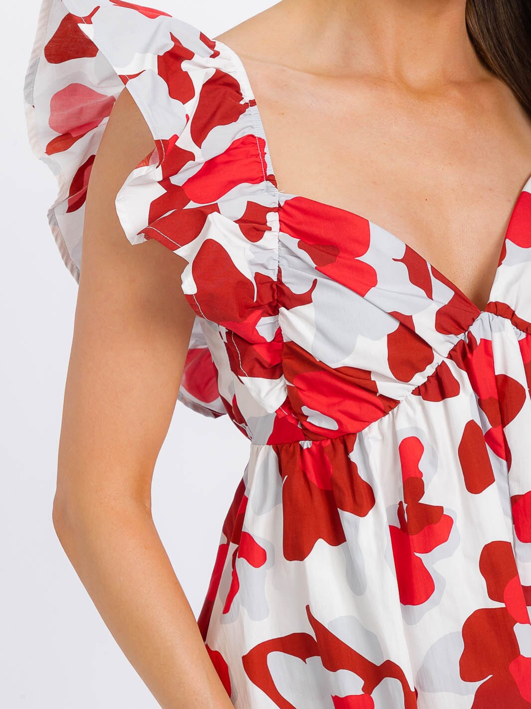 WOMEN'S RUFFLE SLEEVE ELASTIC WAIST OPEN BACK MULTI PRINT ROMPER