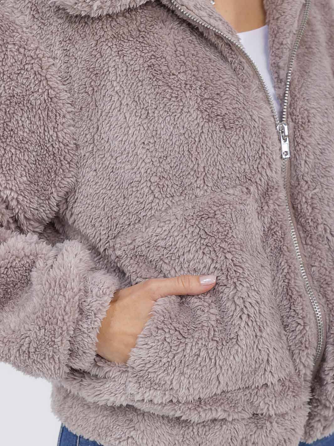 WOMEN'S LONG SLEEVE ZIPPER CLOSURE FRONT POCKETS SHERPA JACKET