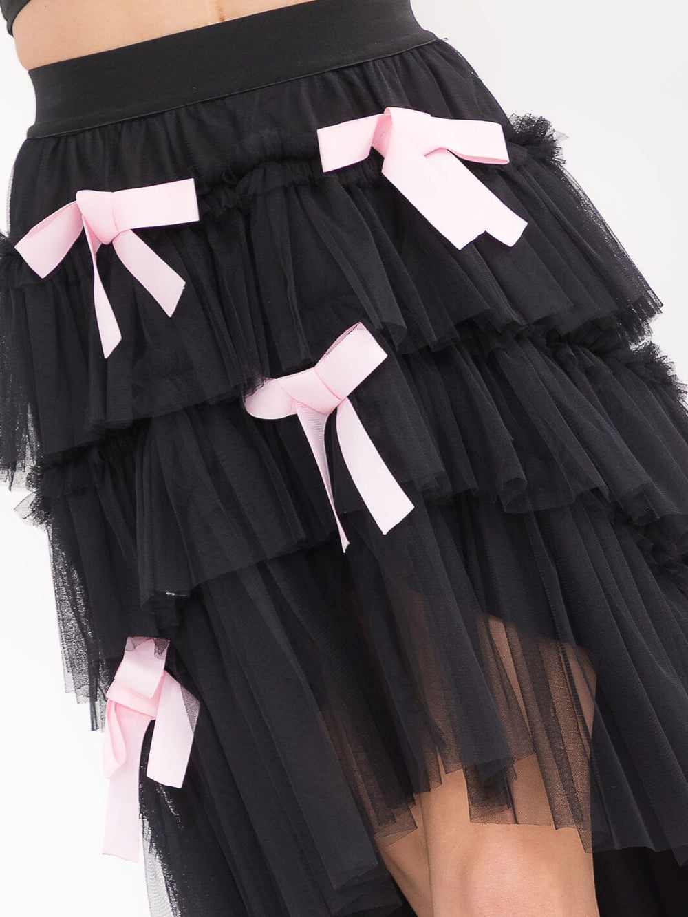 WOMEN'S ELASTIC WAIST TIERED RUFFLE HIGH-LOW BOWS MAXI SKIRT