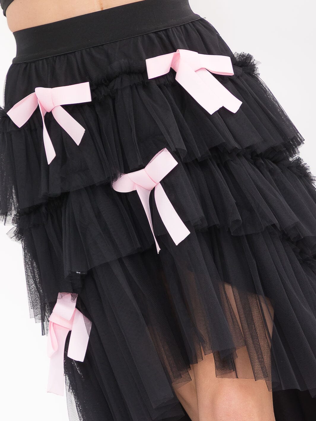 WOMEN'S ELASTIC WAIST TIERED RUFFLE HIGH-LOW BOWS MAXI SKIRT