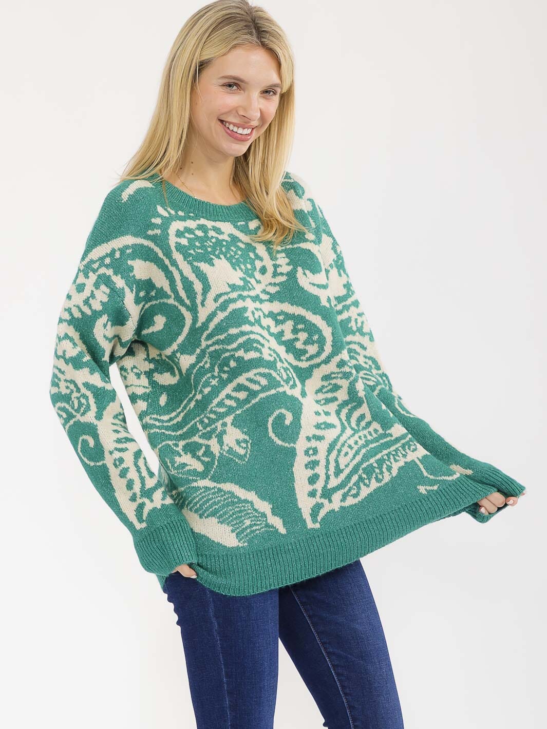 WOMEN'S LONG SLEEVE KNIT PULLOVER COLORBLOCK PRINT SWEATER