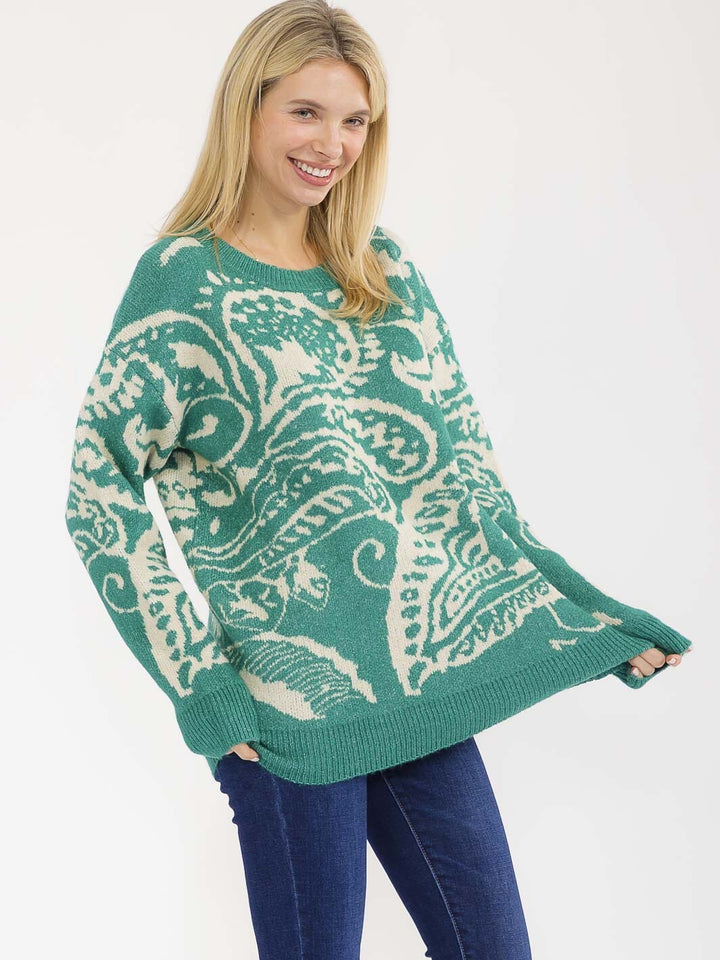 WOMEN'S LONG SLEEVE KNIT PULLOVER COLORBLOCK PRINT SWEATER