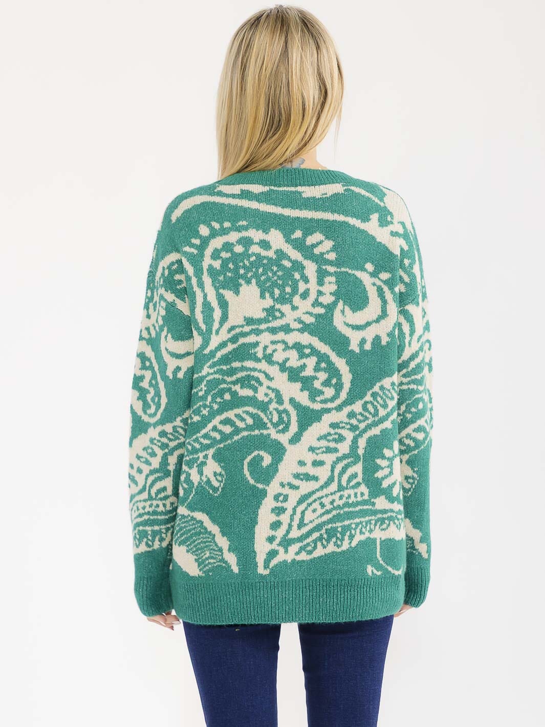 WOMEN'S LONG SLEEVE KNIT PULLOVER COLORBLOCK PRINT SWEATER