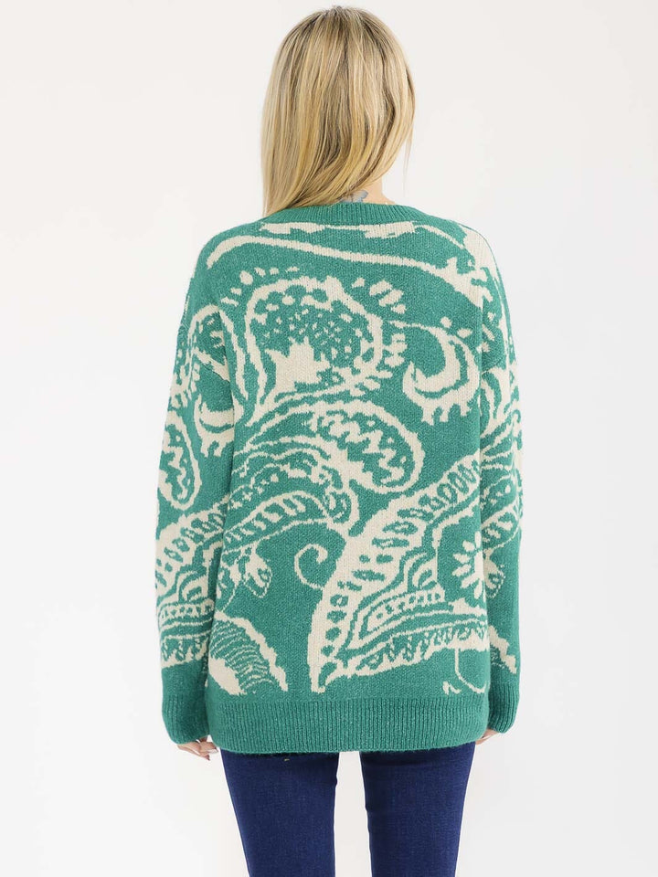 WOMEN'S LONG SLEEVE KNIT PULLOVER COLORBLOCK PRINT SWEATER