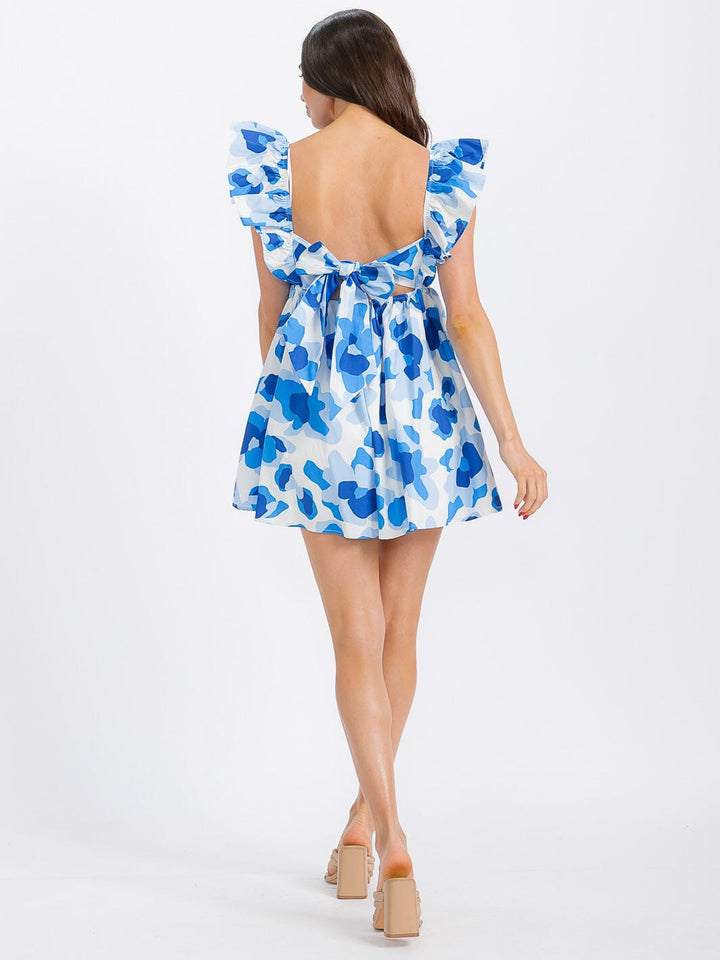 WOMEN'S RUFFLE SLEEVE ELASTIC WAIST OPEN BACK MULTI PRINT ROMPER