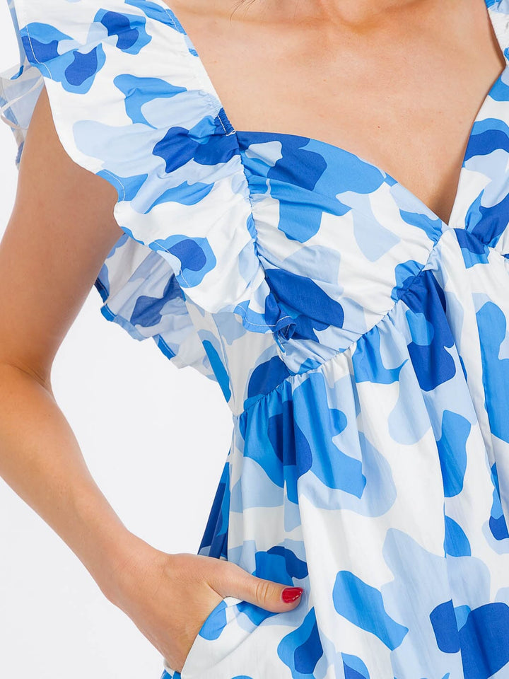 WOMEN'S RUFFLE SLEEVE ELASTIC WAIST OPEN BACK MULTI PRINT ROMPER