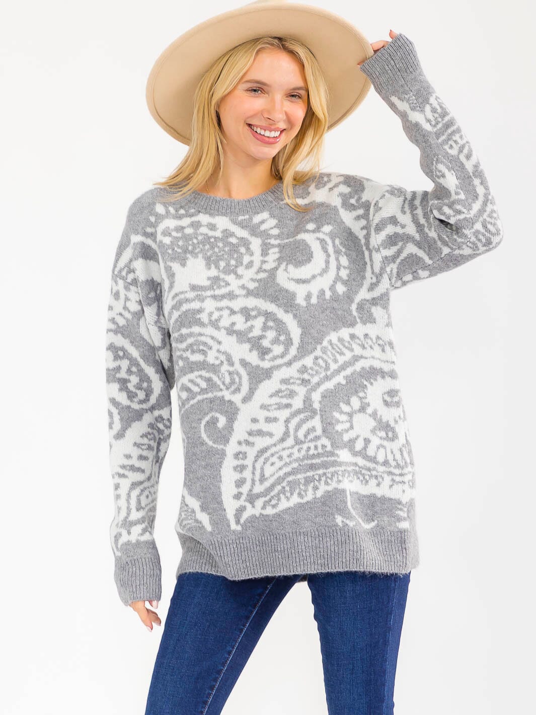 WOMEN'S LONG SLEEVE KNIT PULLOVER COLORBLOCK PRINT SWEATER