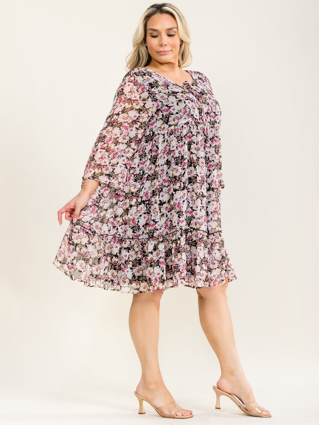 PLUS SIZE 3/4 SLEEVE FLORAL TIERED MINI DRESS