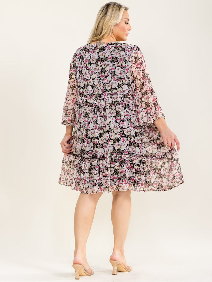 PLUS SIZE 3/4 SLEEVE FLORAL TIERED MINI DRESS
