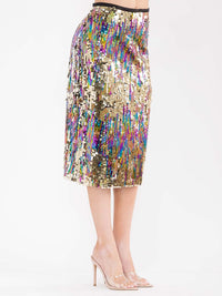 WOMEN'S ZIP UP MULTI COLOR SEQUINS MIDI SKIRT