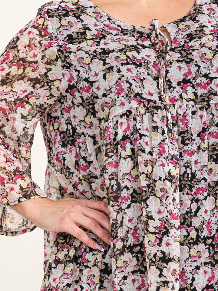PLUS SIZE 3/4 SLEEVE FLORAL TIERED MINI DRESS