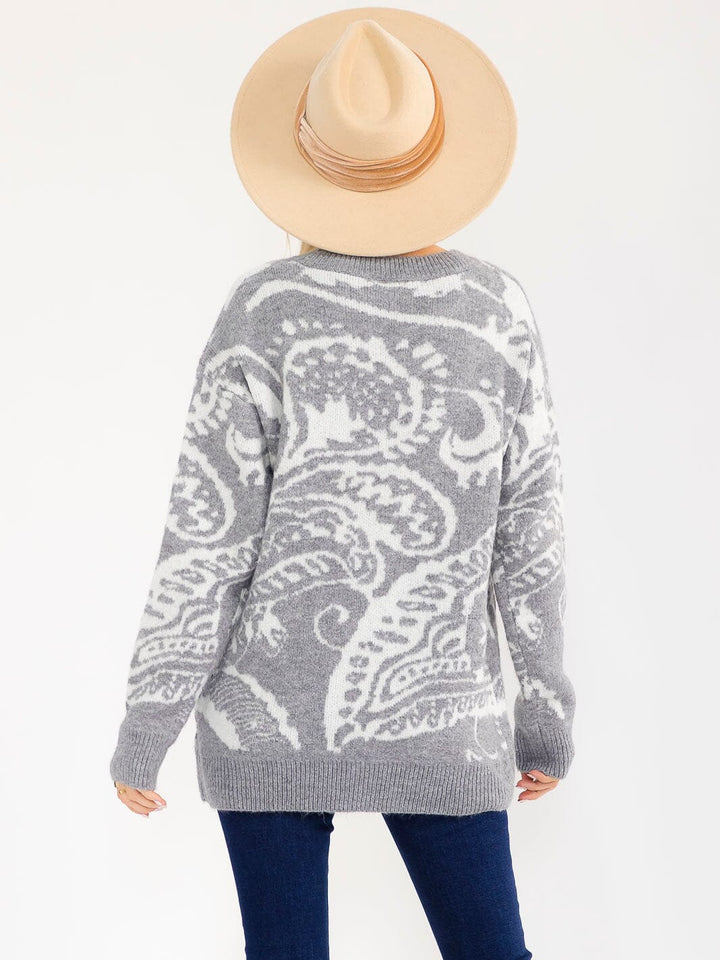 WOMEN'S LONG SLEEVE KNIT PULLOVER COLORBLOCK PRINT SWEATER