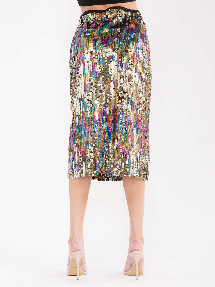 WOMEN'S ZIP UP MULTI COLOR SEQUINS MIDI SKIRT