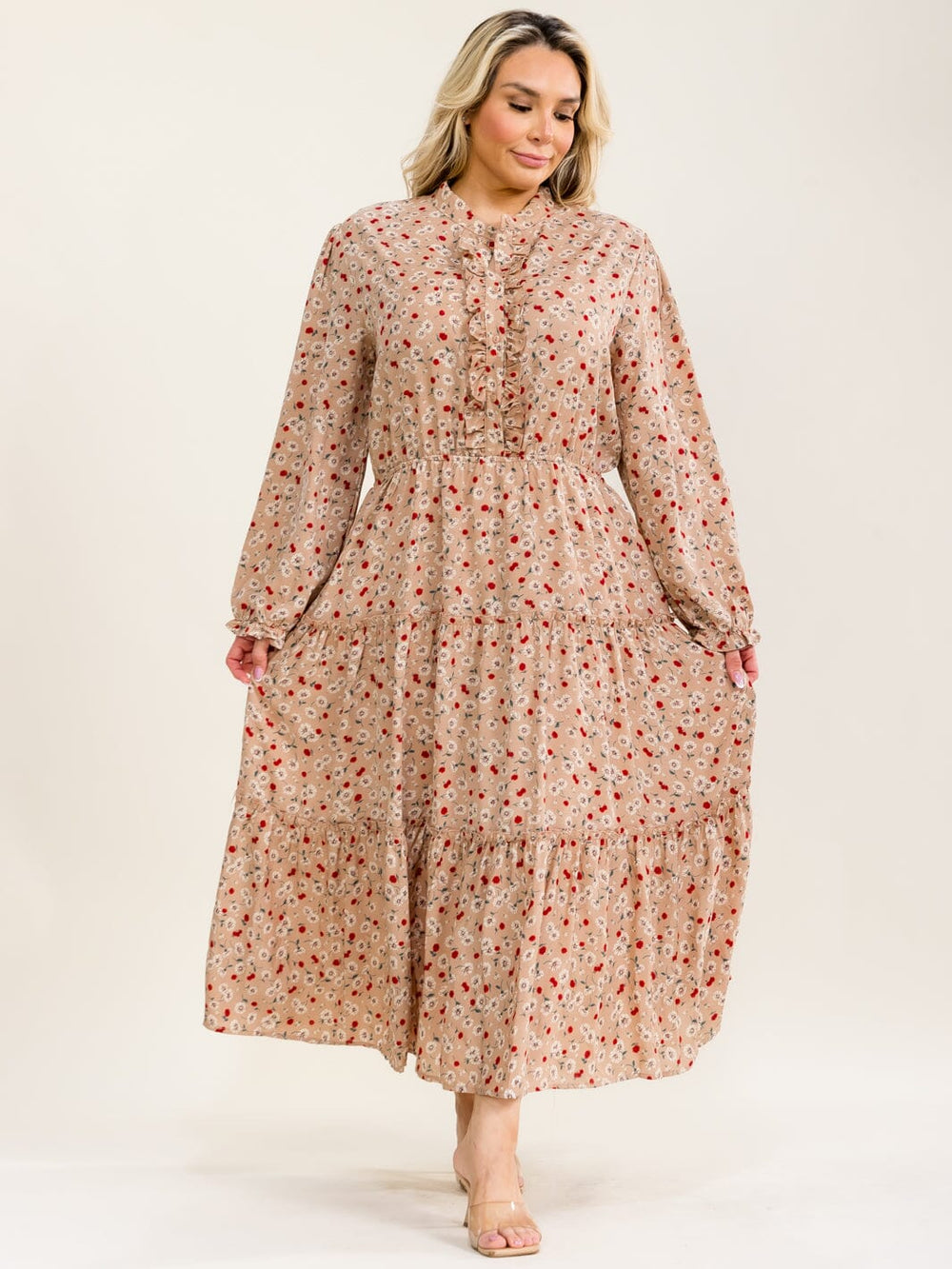 PLUS SIZE LONG SLEEVE BUTTON UP ELASTIC WAIST FLORAL TIERED MAXI DRESS