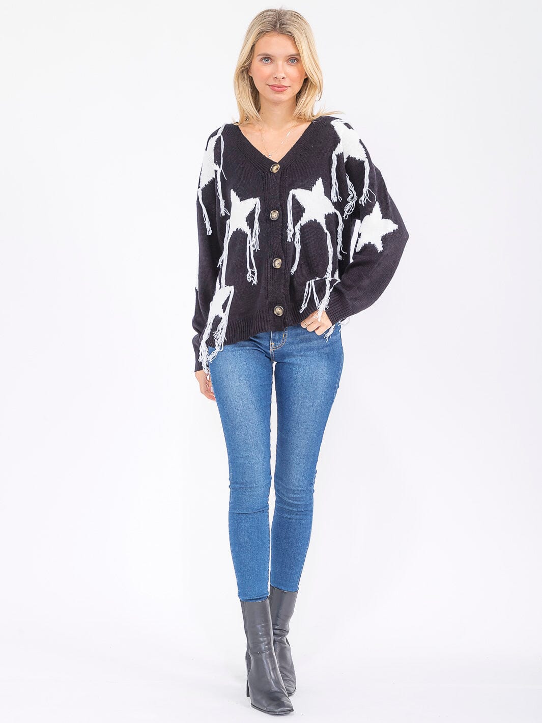 WOMEN'S LONG SLEEVE BUTTON UP STARS PRINT SWEATER