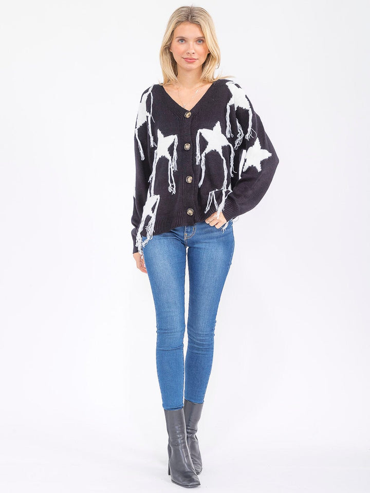 WOMEN'S LONG SLEEVE BUTTON UP STARS PRINT SWEATER