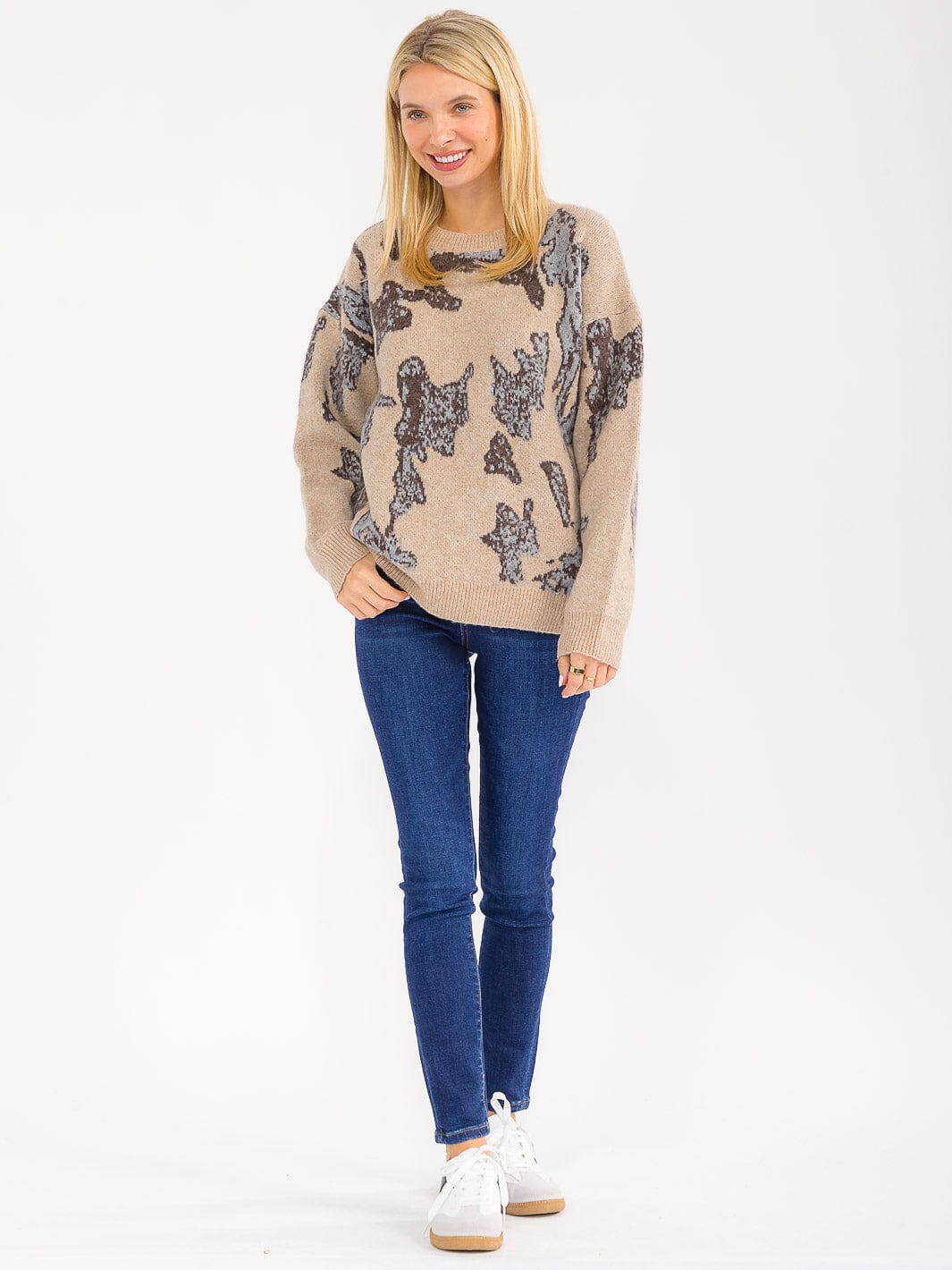 WOMEN'S LONG SLEEVE PULLOVER PRINT KNIT SWEATER