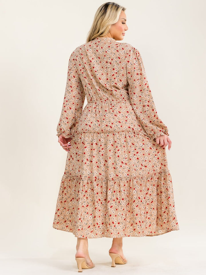 PLUS SIZE LONG SLEEVE BUTTON UP ELASTIC WAIST FLORAL TIERED MAXI DRESS