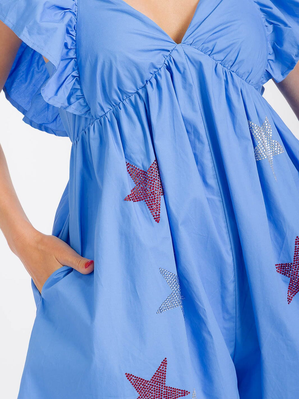 WOMEN'S RUFFLE SLEEVE ELASTIC WAIST OPEN BACK STARS PRINT ROMPER