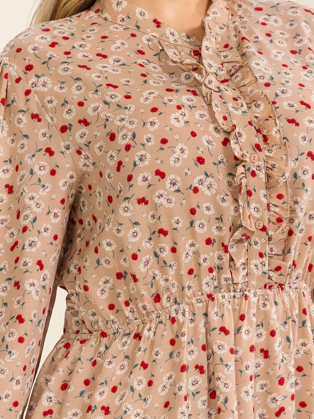 PLUS SIZE LONG SLEEVE BUTTON UP ELASTIC WAIST FLORAL TIERED MAXI DRESS