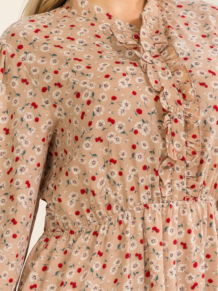 PLUS SIZE LONG SLEEVE BUTTON UP ELASTIC WAIST FLORAL TIERED MAXI DRESS