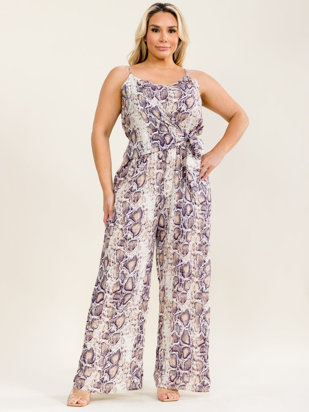 PLUS SIZE SLEEVELESS FRONT TIE ELASTIC WAIST SNAKE PRINT WIDE LEG JUMPSUIT