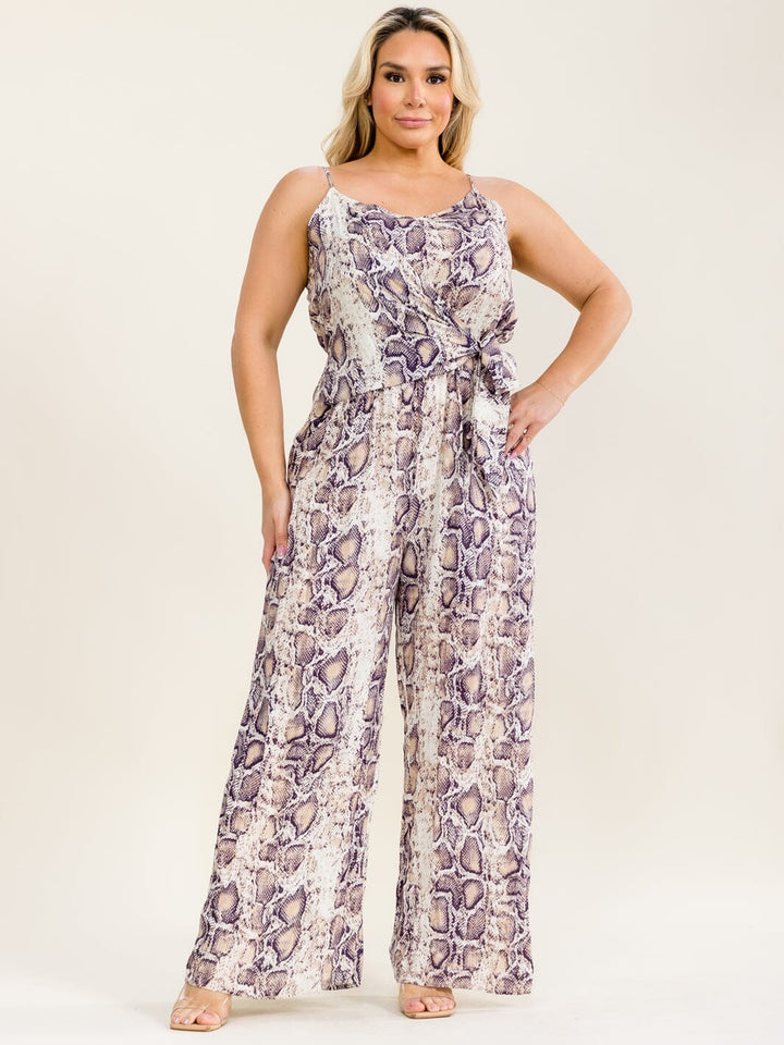 PLUS SIZE SLEEVELESS FRONT TIE ELASTIC WAIST SNAKE PRINT WIDE LEG JUMPSUIT