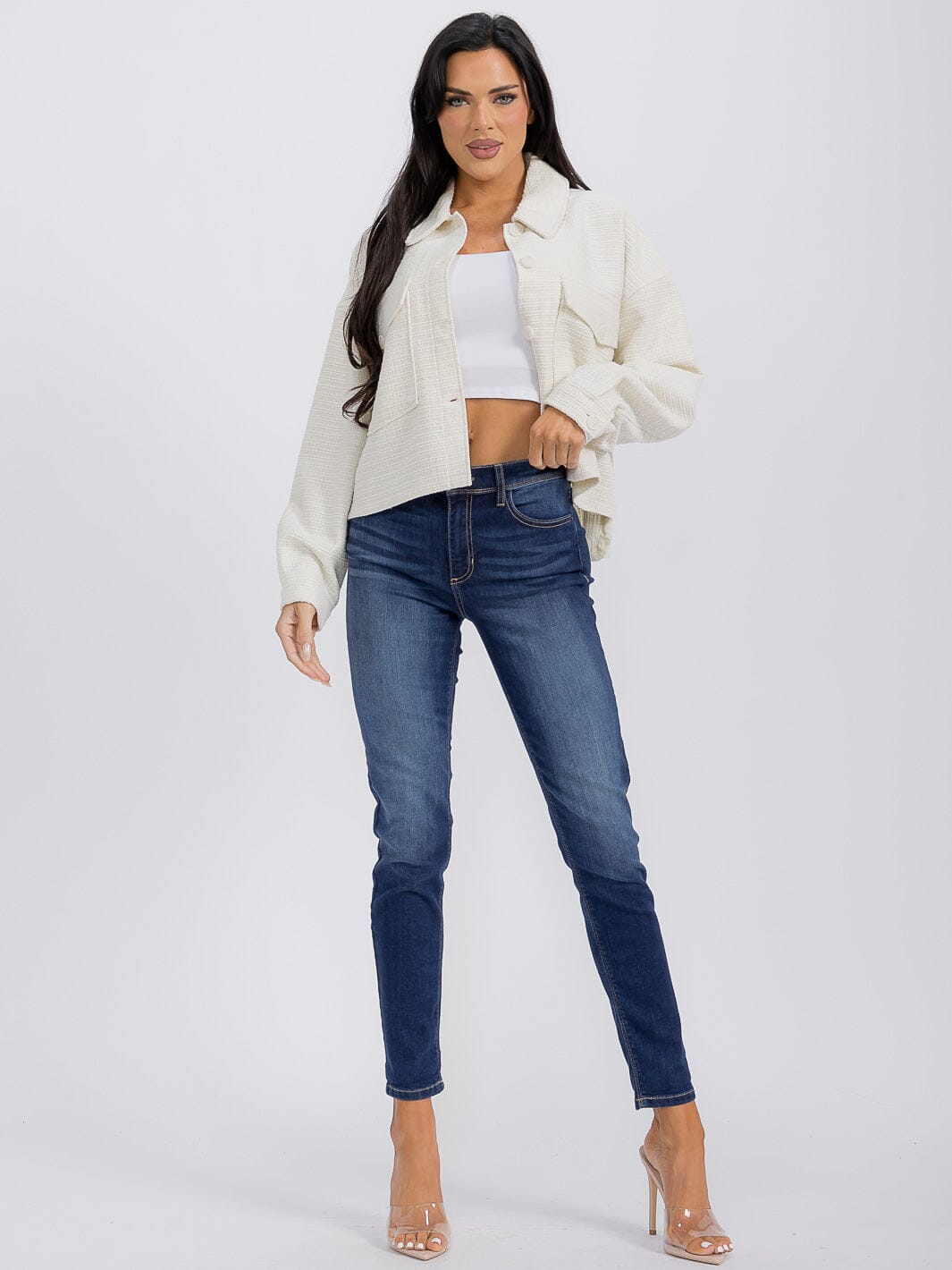 WOMEN'S LONG SLEEVE FRONT POCKET BUTTON CLOSURE TWEED BLAZER