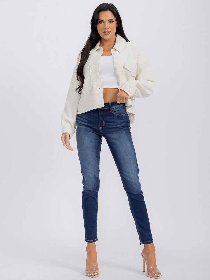WOMEN'S LONG SLEEVE FRONT POCKET BUTTON CLOSURE TWEED BLAZER
