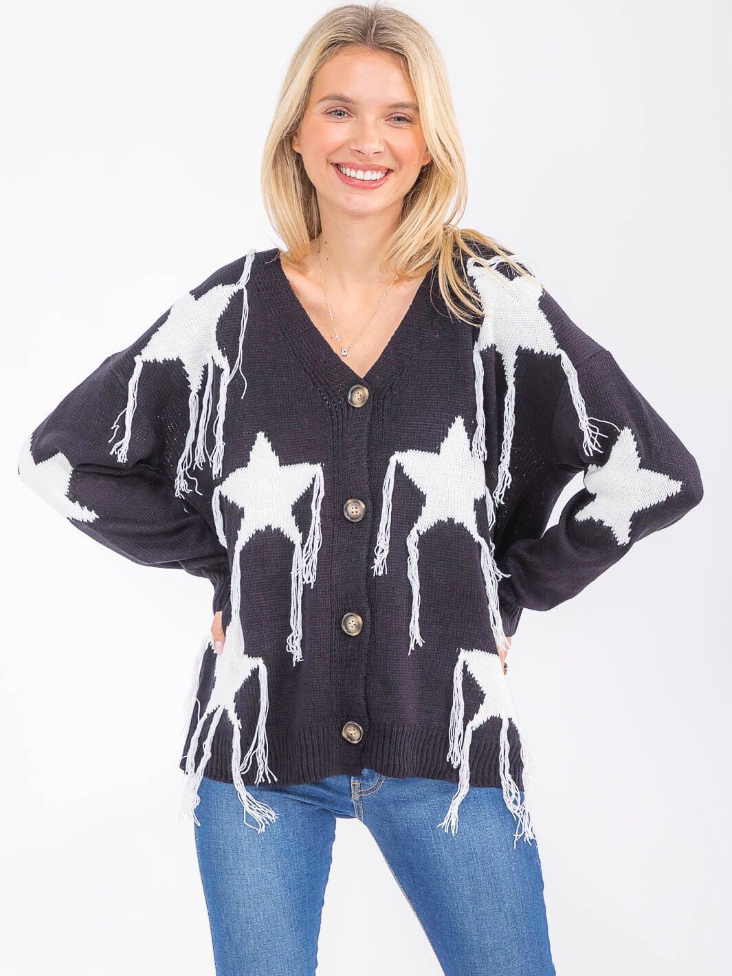 WOMEN'S LONG SLEEVE BUTTON UP STARS PRINT SWEATER