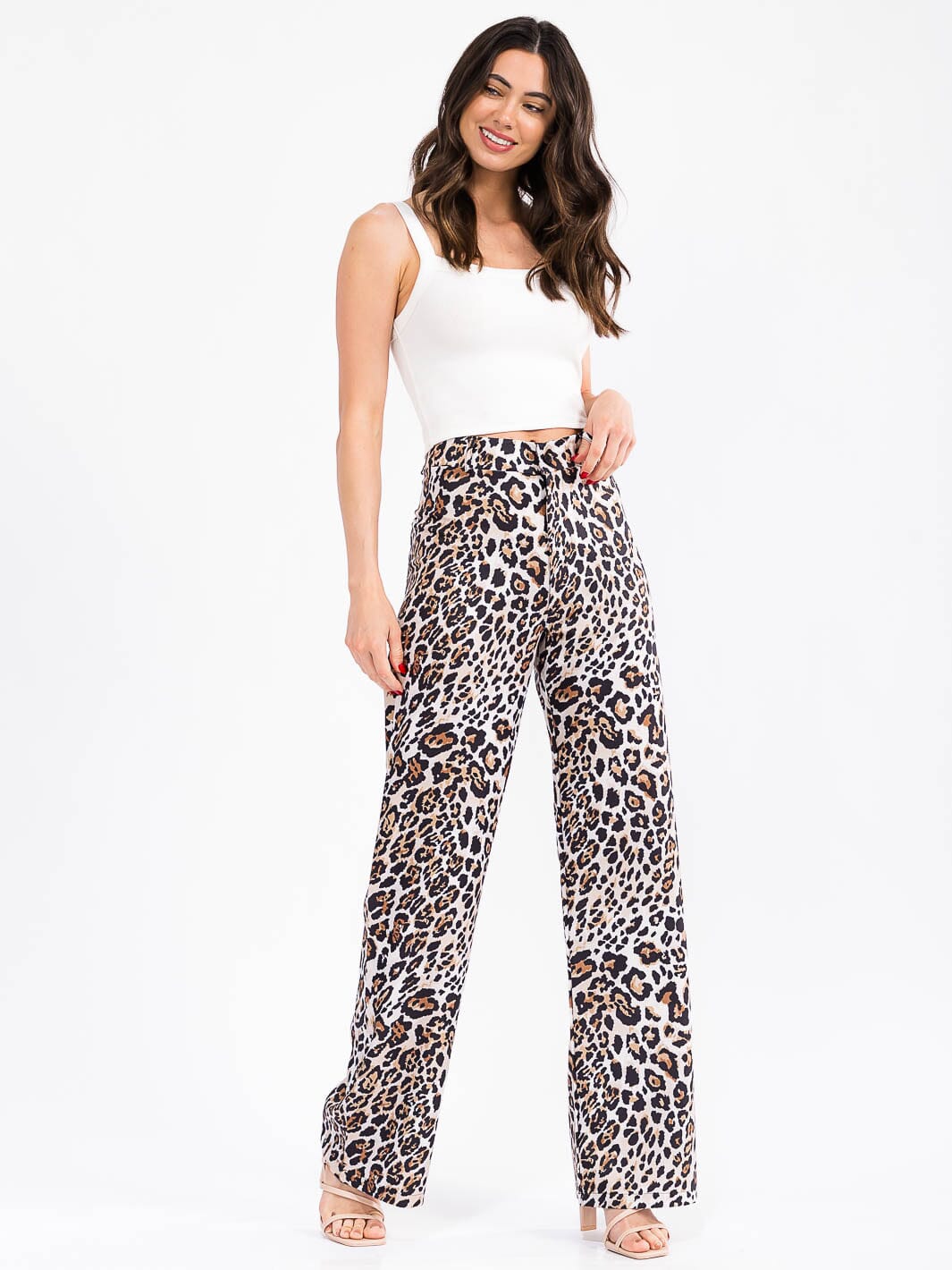 WOMEN'S BUTTON CLOSURE BACK POCKETS WIDE LEG ANIMAL PRINT PANTS
