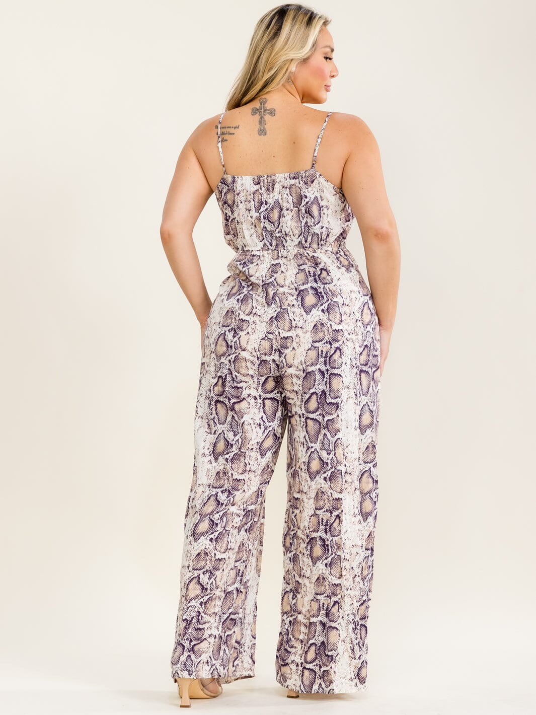 PLUS SIZE SLEEVELESS FRONT TIE ELASTIC WAIST SNAKE PRINT WIDE LEG JUMPSUIT