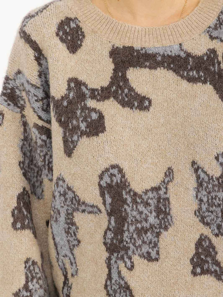 WOMEN'S LONG SLEEVE PULLOVER PRINT KNIT SWEATER