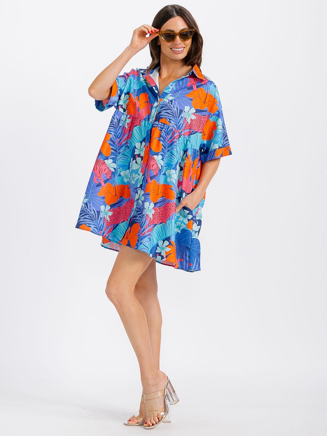 WOMEN'S SHORT SLEEVE BUTTON UP POCKETS FLORAL TUNIC MINI DRESS