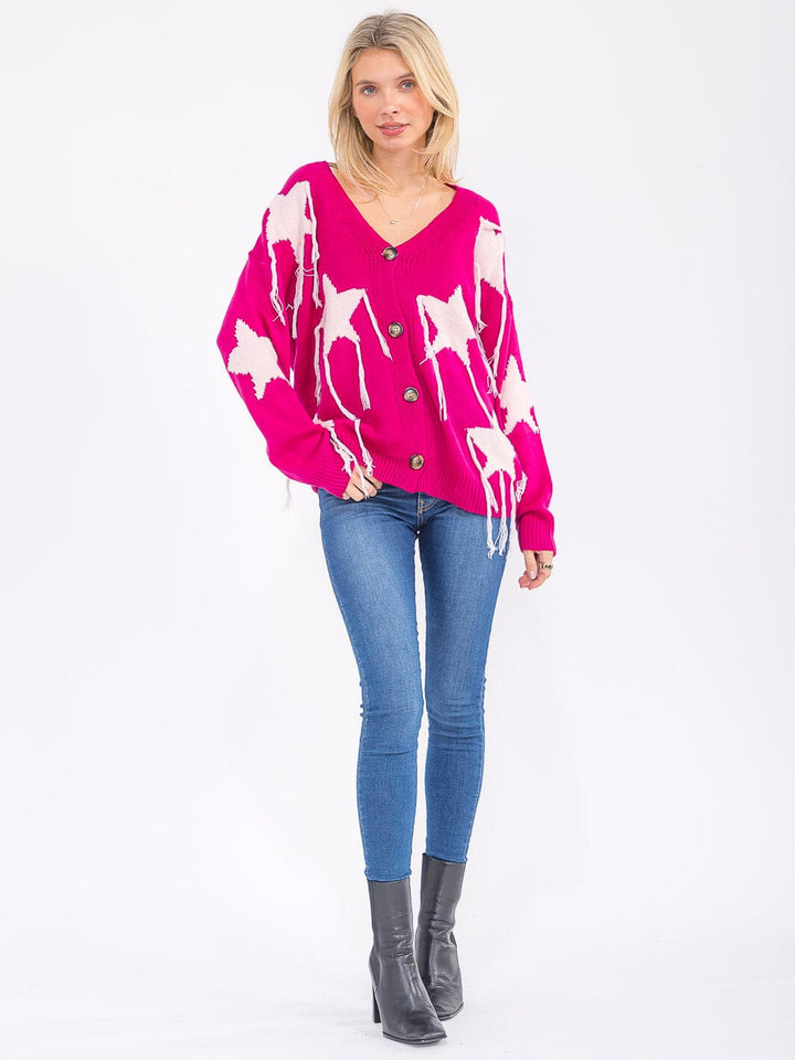 WOMEN'S LONG SLEEVE BUTTON UP STARS PRINT SWEATER