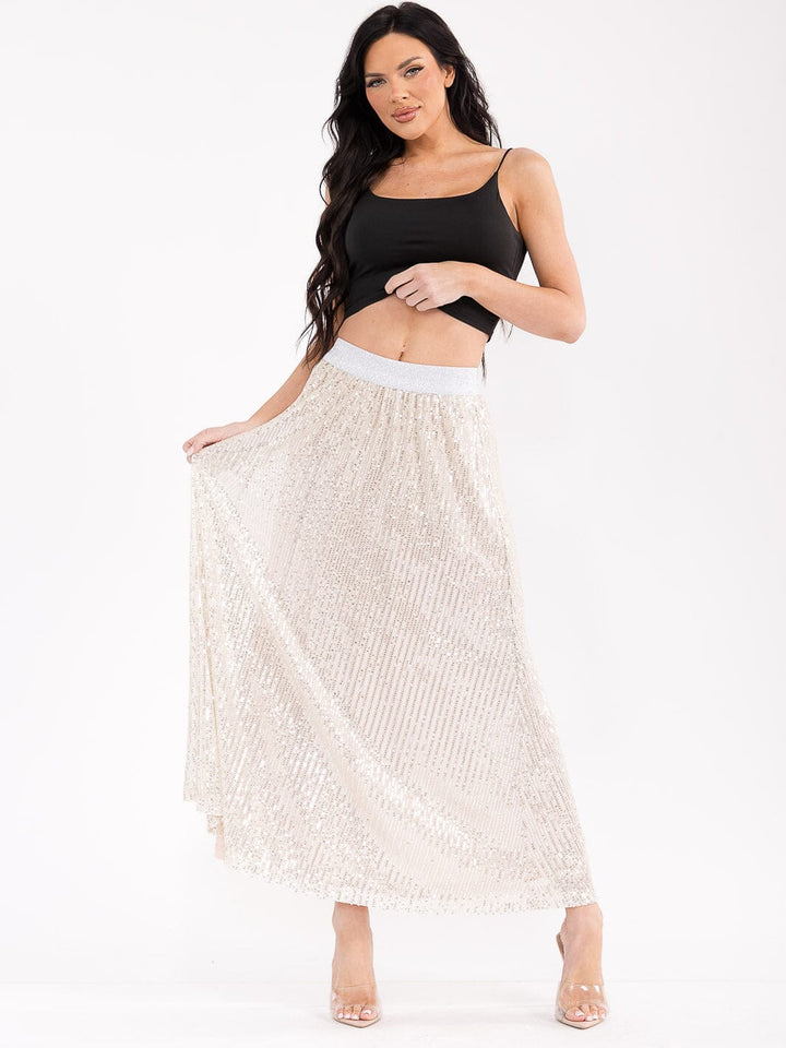 WOMEN'S ELASTIC WAIST SEQUINS MAXI SKIRT