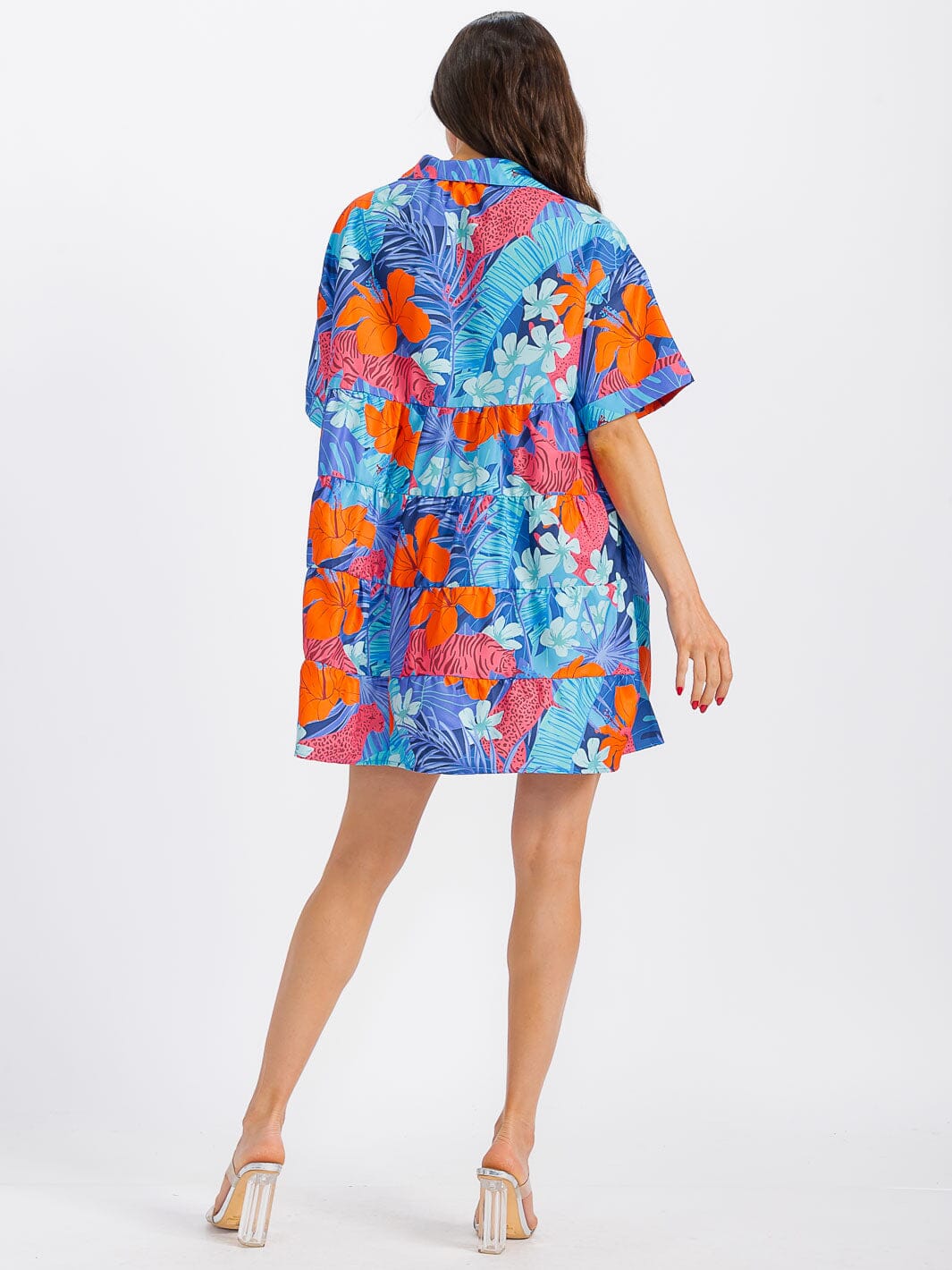 WOMEN'S SHORT SLEEVE BUTTON UP POCKETS FLORAL TUNIC MINI DRESS