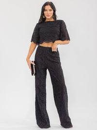 WOMEN'S SHORT SLEEVE CROP TOP & ZIP UP WIDE LEG PANTS CROCHET 2PC. SET