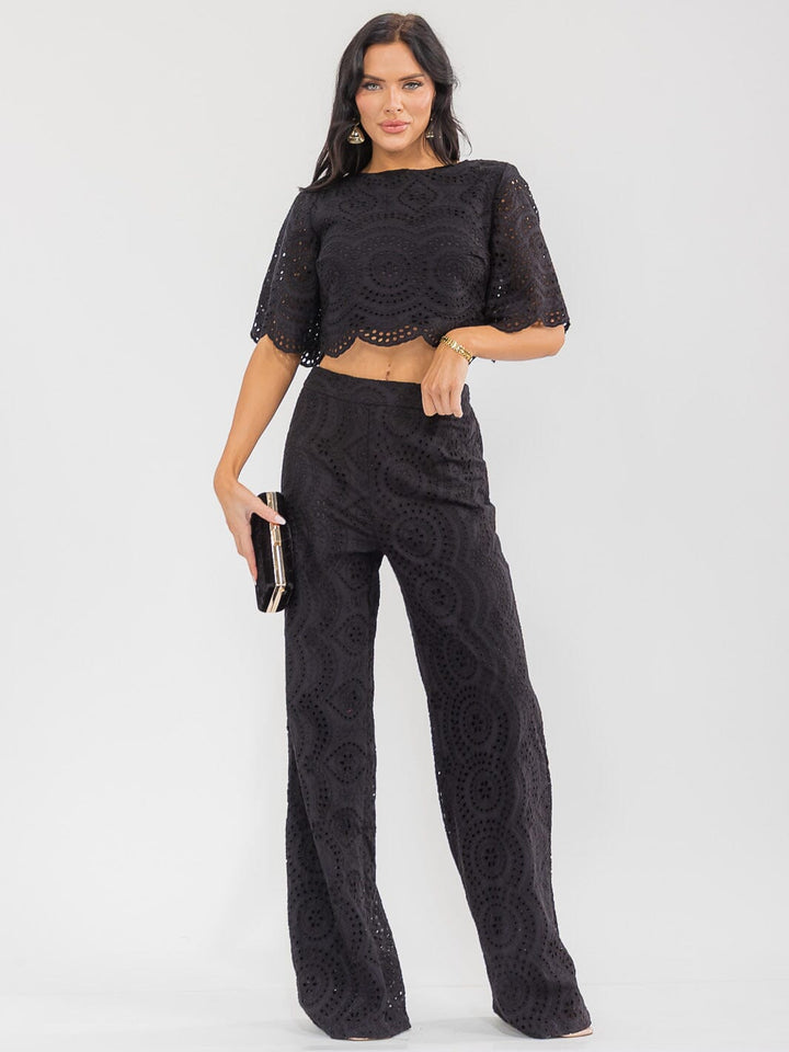 WOMEN'S SHORT SLEEVE CROP TOP & ZIP UP WIDE LEG PANTS CROCHET 2PC. SET