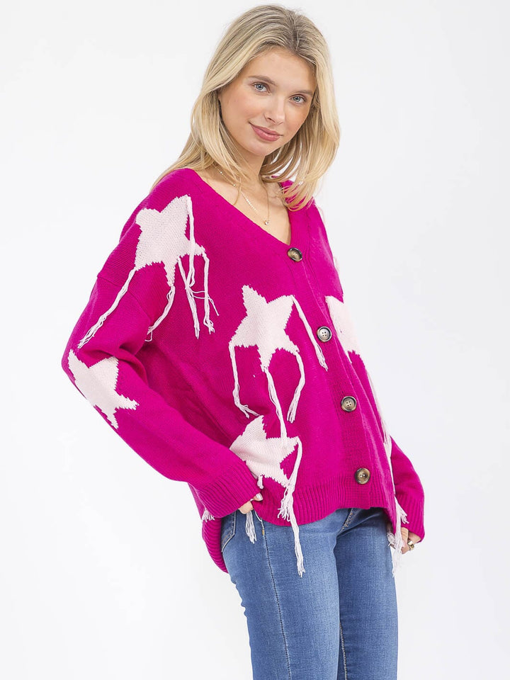 WOMEN'S LONG SLEEVE BUTTON UP STARS PRINT SWEATER