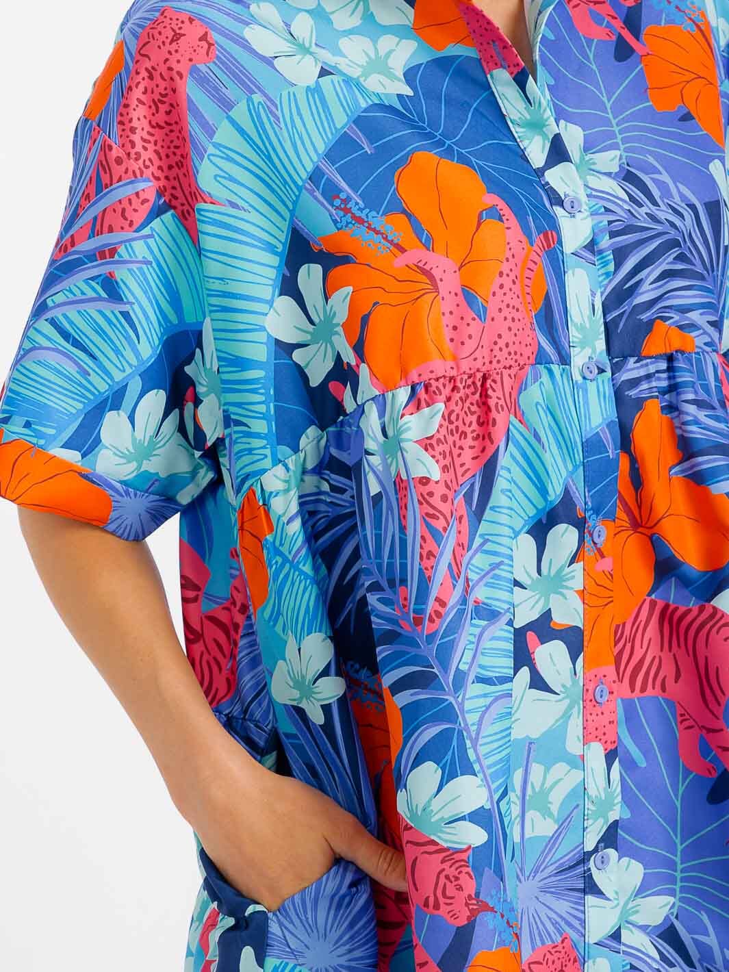 WOMEN'S SHORT SLEEVE BUTTON UP POCKETS FLORAL TUNIC MINI DRESS