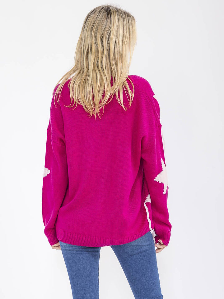 WOMEN'S LONG SLEEVE BUTTON UP STARS PRINT SWEATER