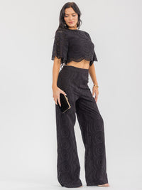 WOMEN'S SHORT SLEEVE CROP TOP & ZIP UP WIDE LEG PANTS CROCHET 2PC. SET