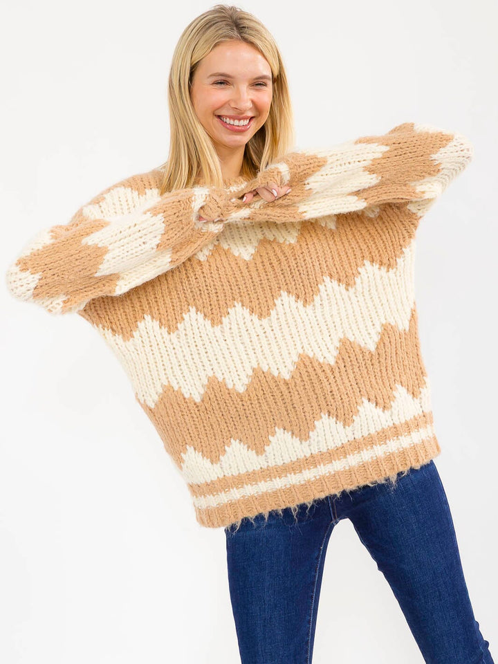 WOMEN'S LONG SLEEVE KNIT PULLOVER COLORBLOCK SWEATER