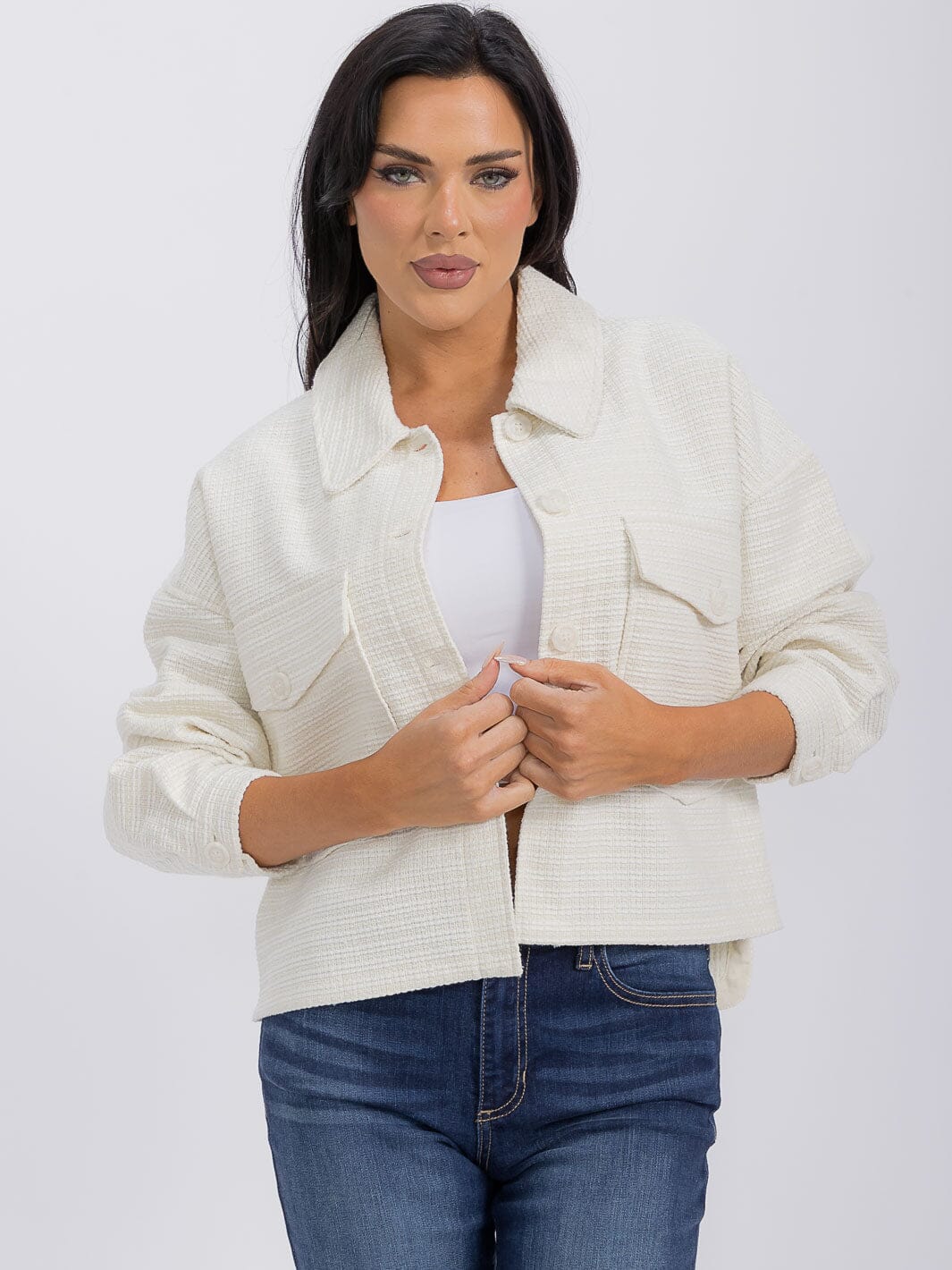 WOMEN'S LONG SLEEVE FRONT POCKET BUTTON CLOSURE TWEED BLAZER
